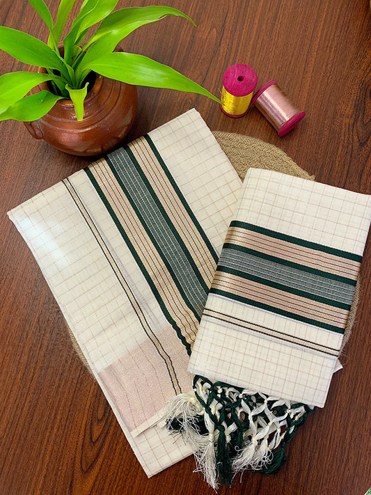 Copper Zari Checked Setmundu Cotton