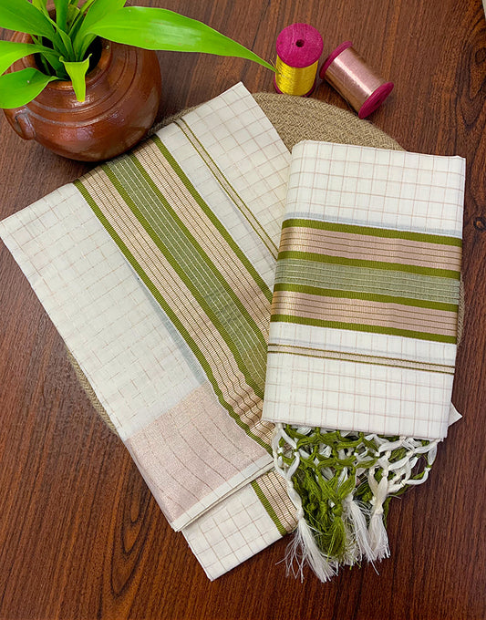 Copper Zari Checked Cotton Setmundu