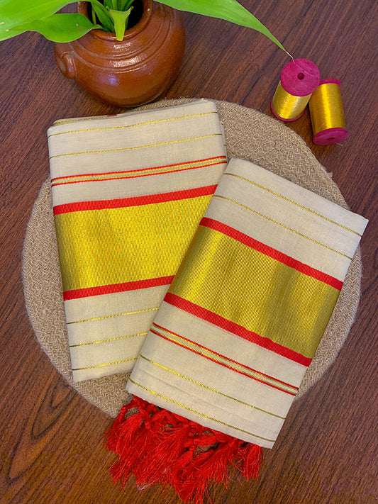 Golden Tissue Stripes Setmundu with Tussles