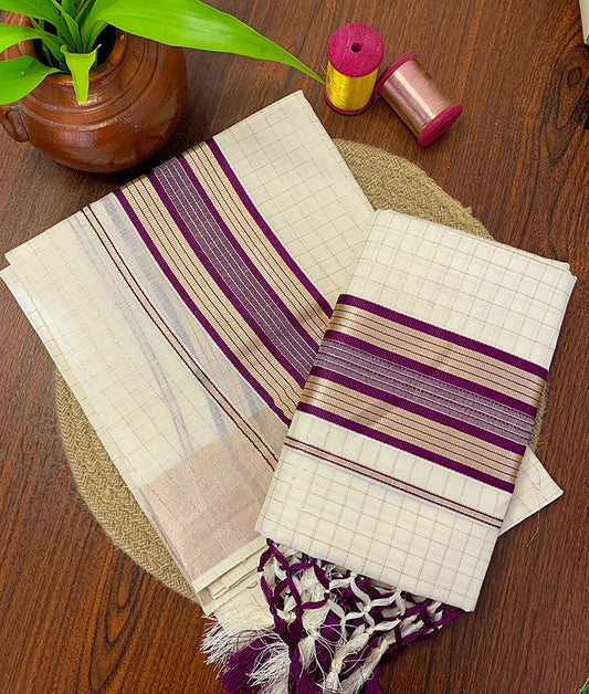 Copper Zari Checked Cotton Setmundu with tussles