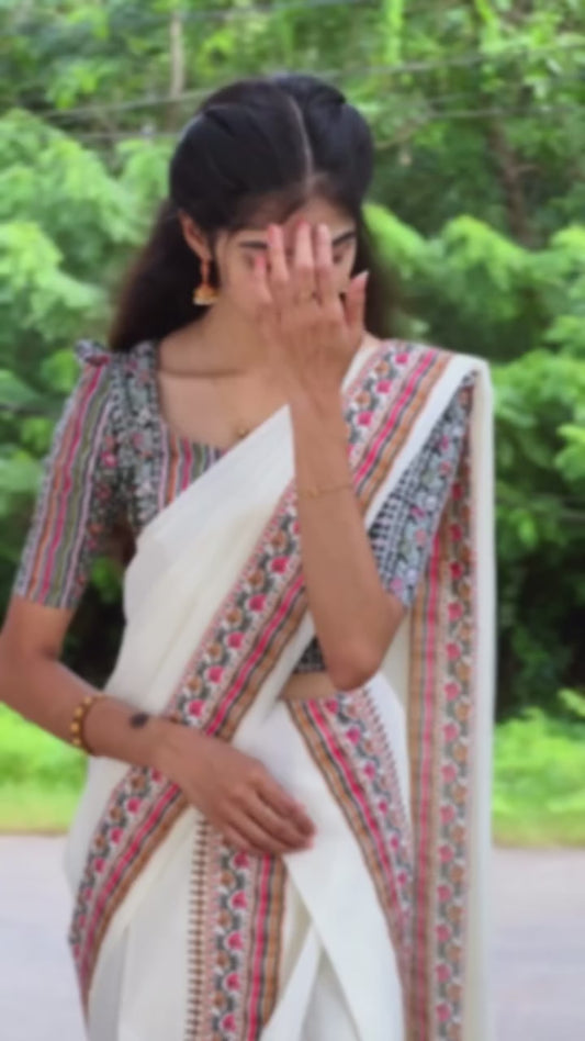 Cotton Printed Setmundu with blouse piece